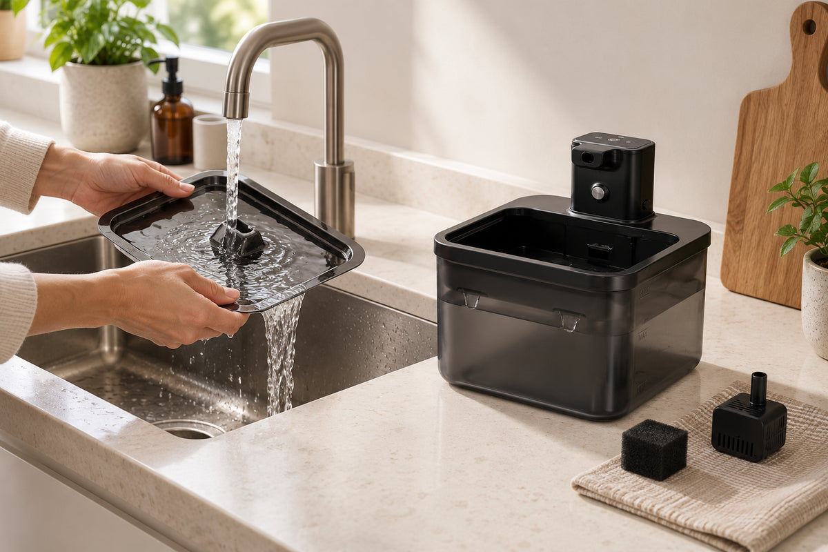 Vue éclatée de la fontaine MiaouLab : plateau en acier inoxydable, pompe et filtre à charbon actif