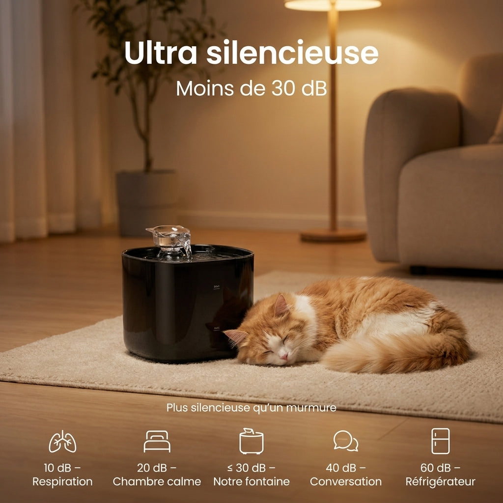 Chat roux endormi près de la fontaine MiaouLab dans un salon éclairé le soir