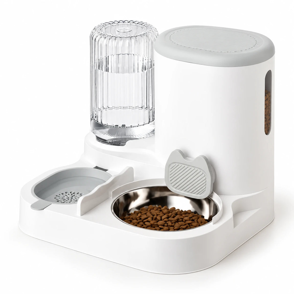Station repas pour chat avec son réservoir d’eau transparent, son réservoir de croquettes et sa coupe en inox