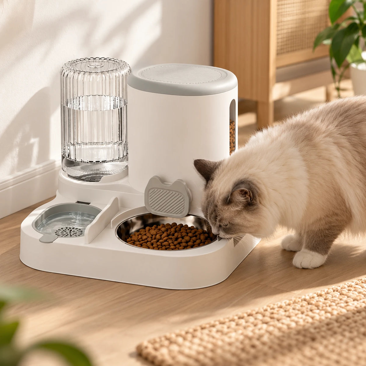 Un chat mange dans la station posée au sol dans un salon