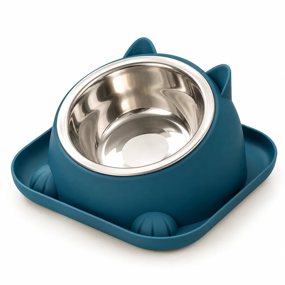Gamelle inclinée bleu canard, vue de trois quarts avec son bol en inox