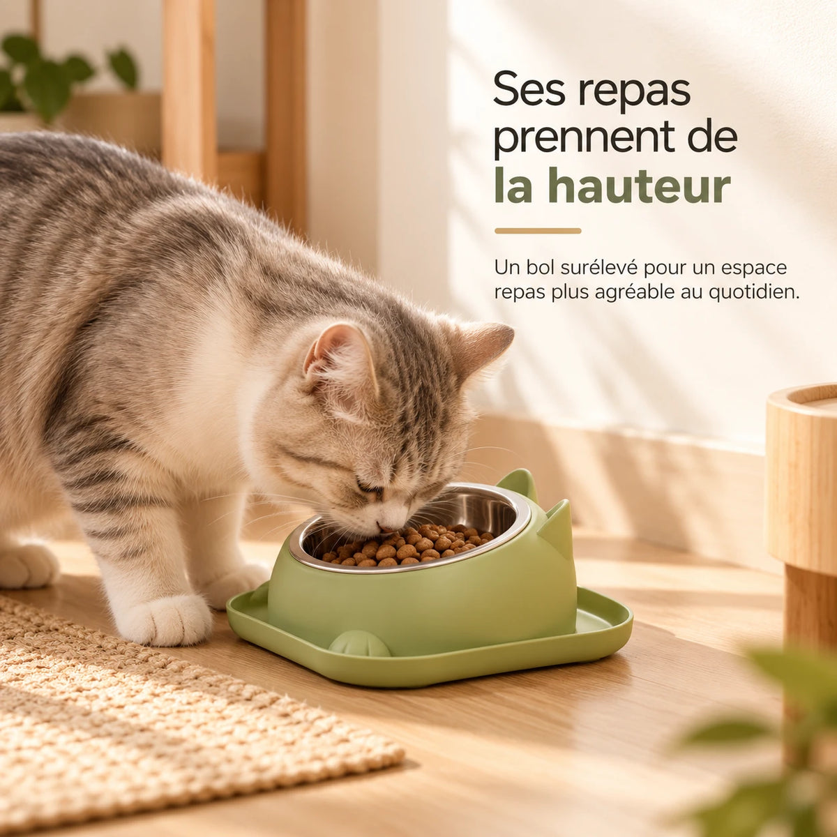 Chat tigré mangeant ses croquettes dans la gamelle inclinée posée sur un parquet
