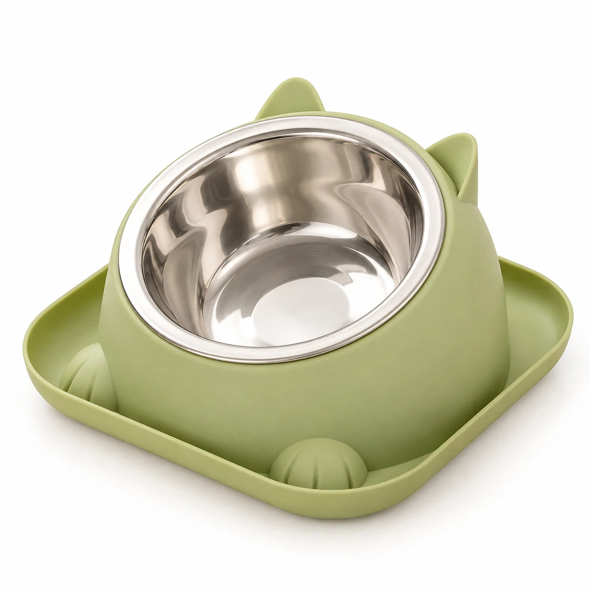 Gamelle inclinée vert sauge : bol en inox penché vers l'avant, socle à oreilles et plateau à rebord