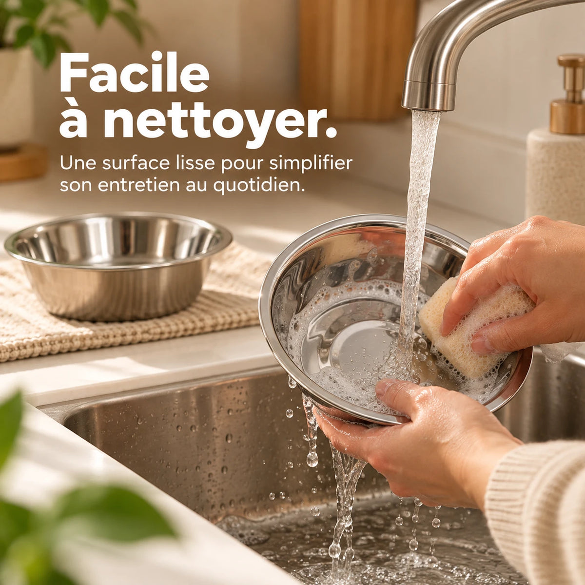 Lavage du bol en inox sous l'eau courante, avec une éponge