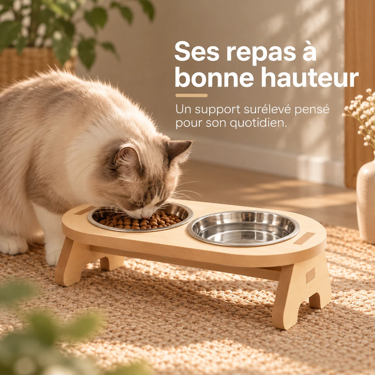 Chat mangeant ses croquettes dans le bol du support surélevé, posé sur un tapis tressé