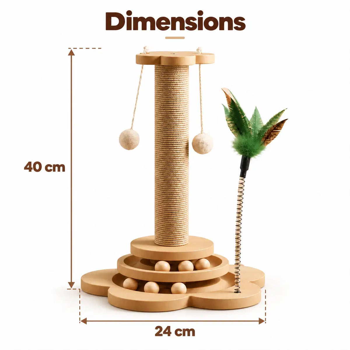 Dimensions du griffoir vertical : 40 cm de hauteur et 24 cm de largeur au socle