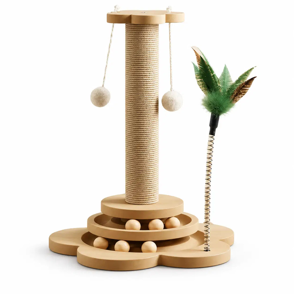 Griffoir vertical pour chat, colonne de corde sur socle en trèfle, avec deux balles suspendues et un plumeau