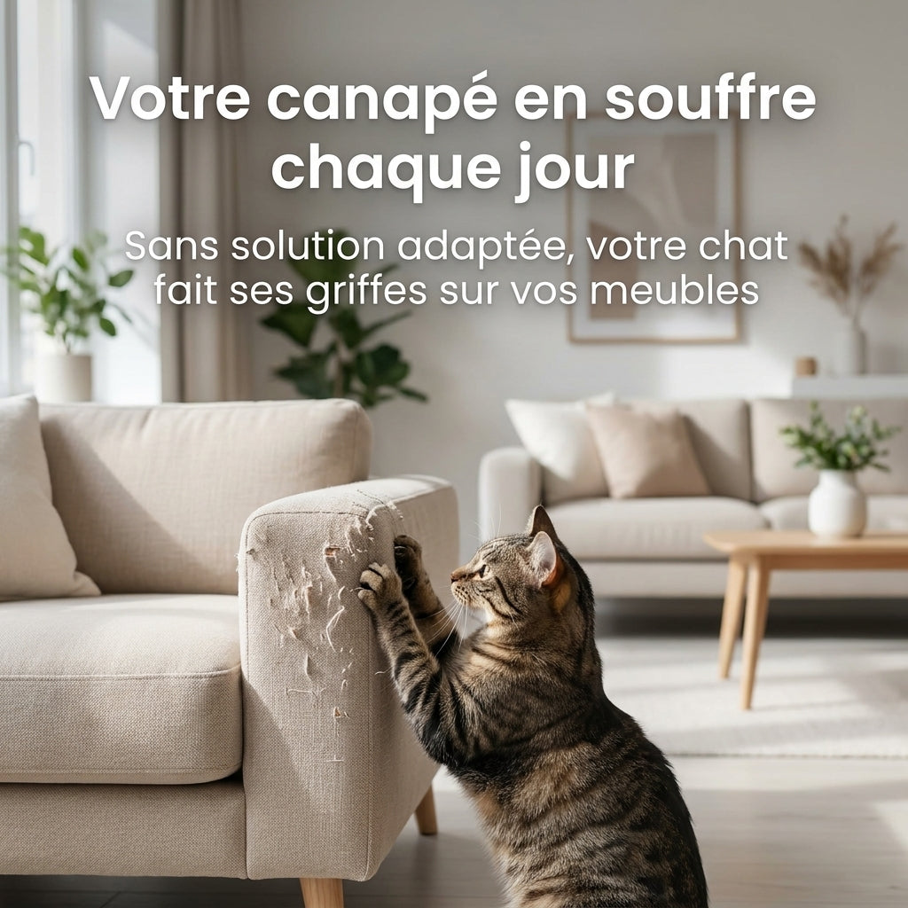 Chat tigré griffant l’accoudoir d’un canapé beige dans un salon