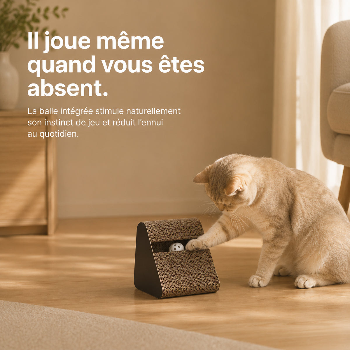 Chat blanc jouant avec la balle intégrée au griffoir triangle