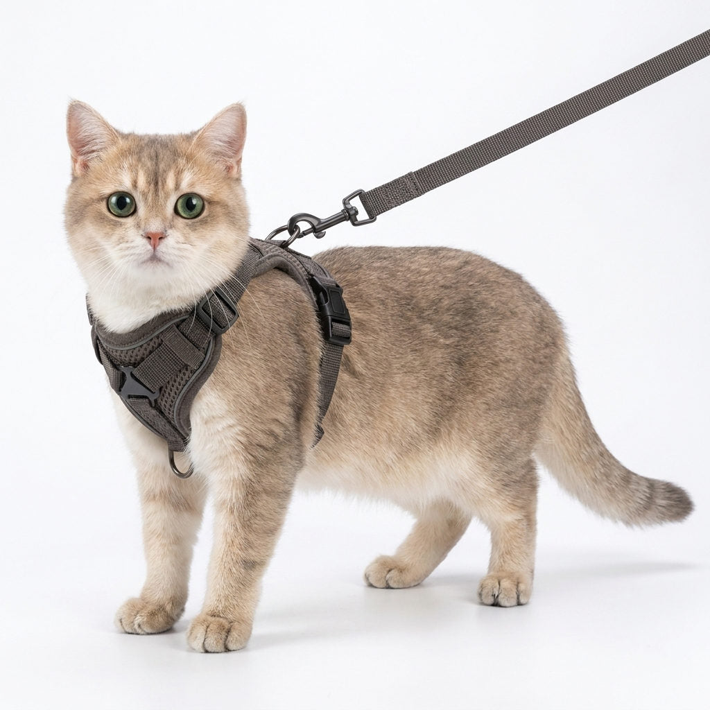 Chat beige portant le harnais anti-fugue MiaouLab gris anthracite, avec sa laisse assortie