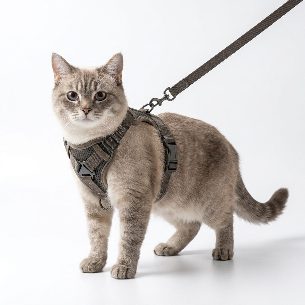 Harnais anti-fugue MiaouLab pour chat, coloris marron, avec sa laisse assortie