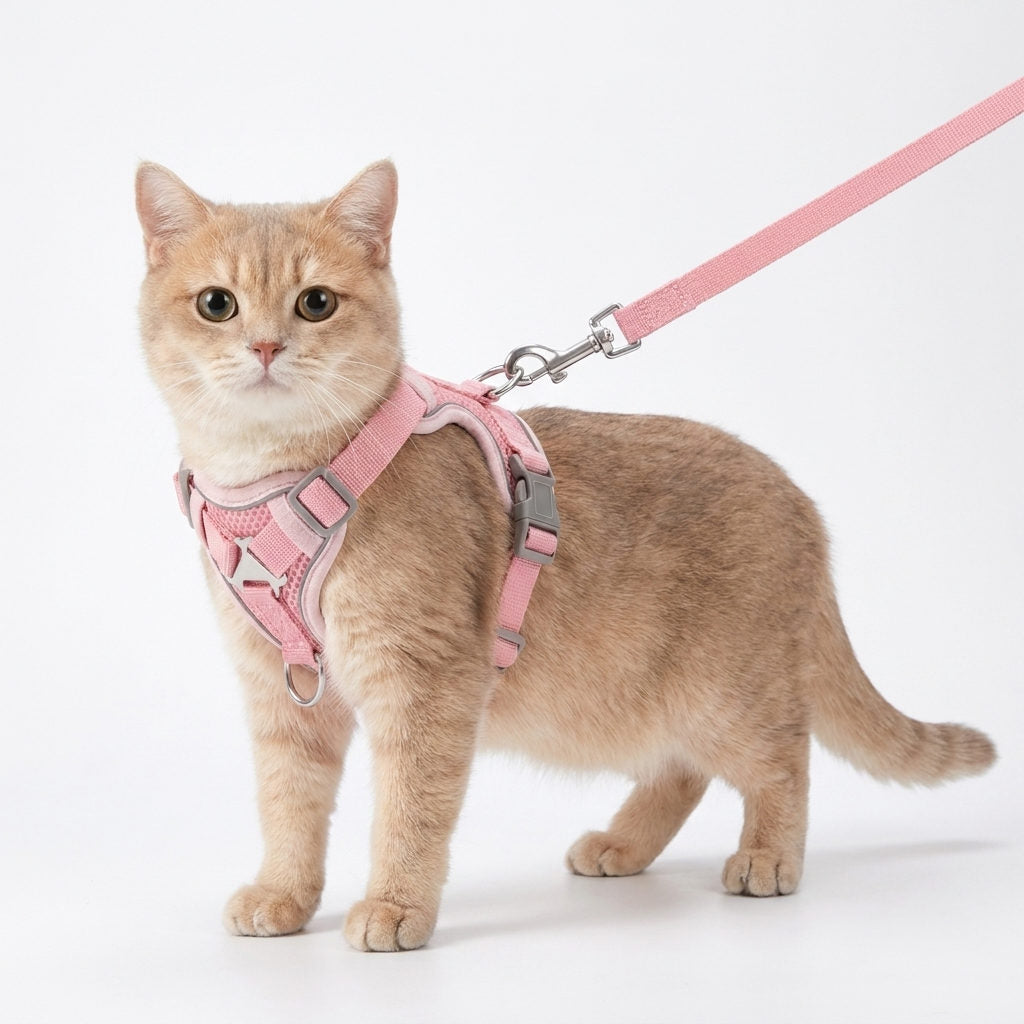Chat beige portant le harnais anti-fugue MiaouLab rose pastel, avec sa laisse assortie