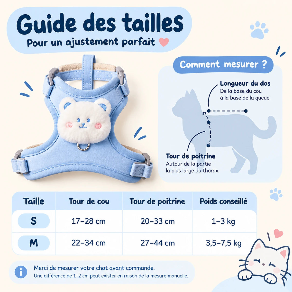 Guide des tailles du harnais peluche pour chat : S de 20 à 33 cm et M de 27 à 44 cm de tour de poitrine, et où mesurer