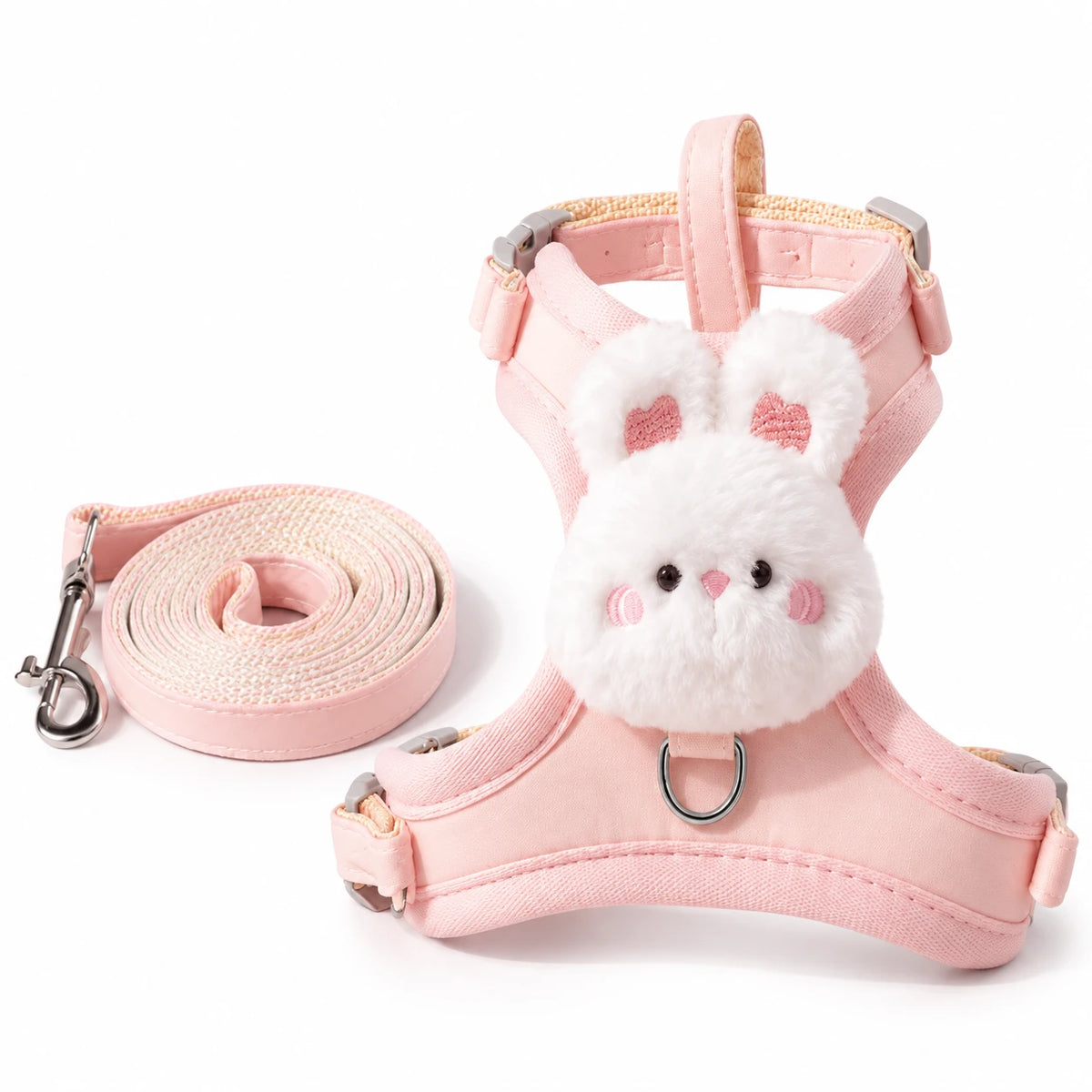Harnais pour chat rose avec tête de lapin en peluche et sa laisse assortie