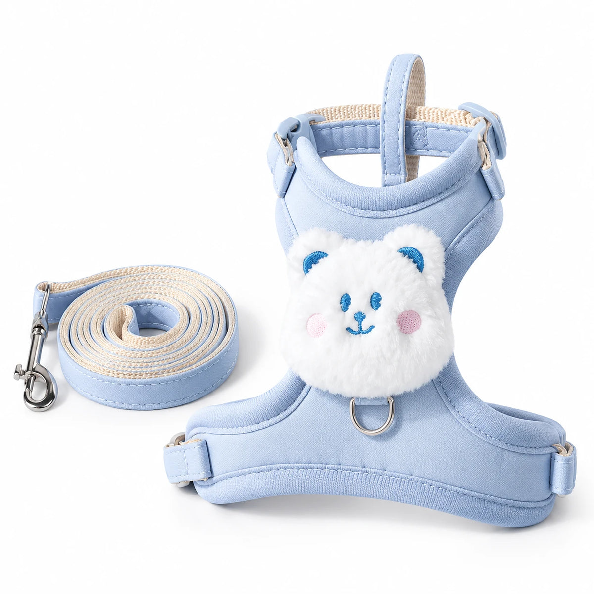 Harnais pour chat bleu avec tête d'ours en peluche et sa laisse assortie