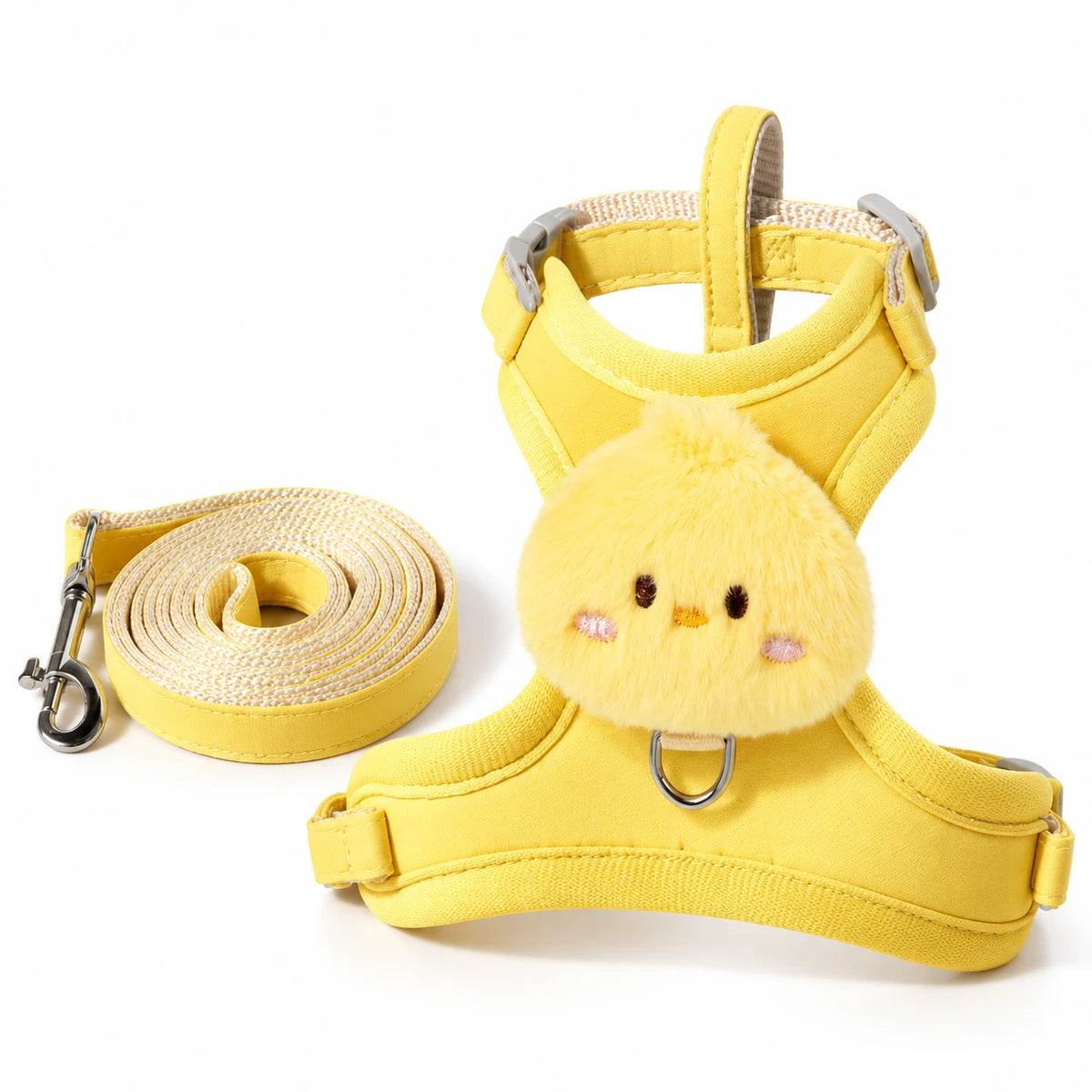 Harnais pour chat jaune avec tête de poussin en peluche et sa laisse assortie