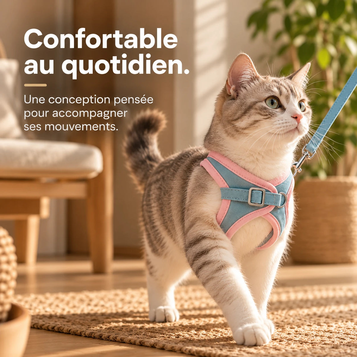 Chat tigré marchant sur un tapis, équipé du harnais bleu et rose tenu en laisse