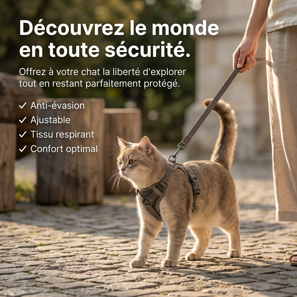 Chat en promenade dehors, équipé du harnais anti-fugue MiaouLab et tenu en laisse