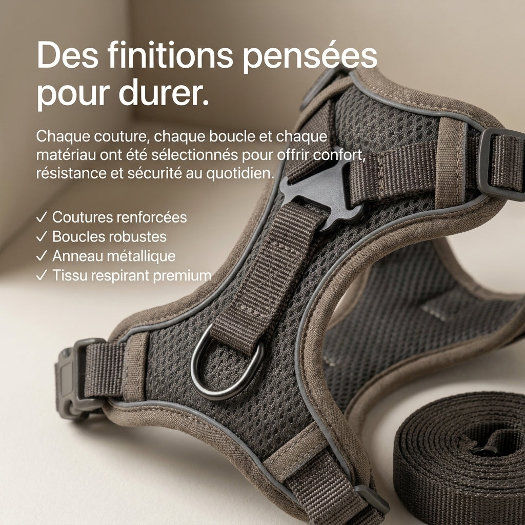 Gros plan sur les coutures, la boucle et l’anneau métallique du harnais MiaouLab