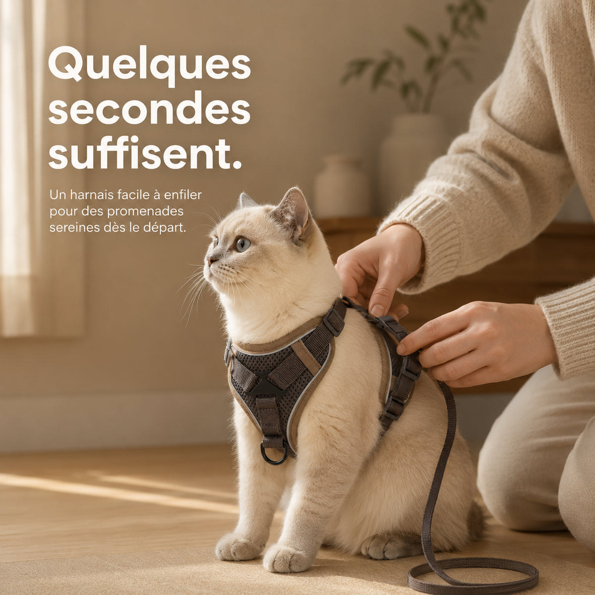 Chat blanc à qui l’on enfile le harnais MiaouLab dans un salon