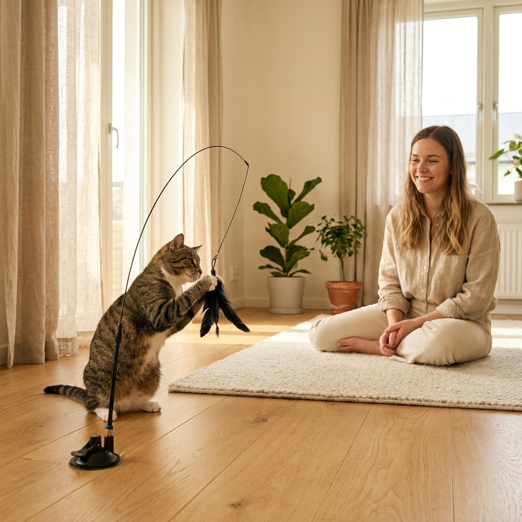 Personne observant son chat jouer avec le jouet à plume MiaouLab dans un salon