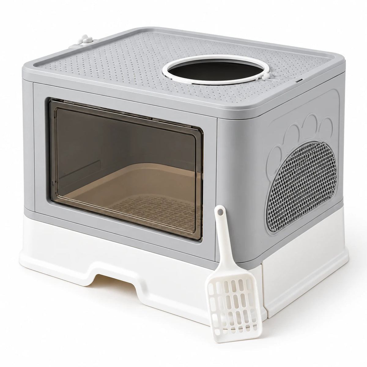 Maison de toilette fermée pour chat, grise et blanche, porte avant transparente et pelle incluse