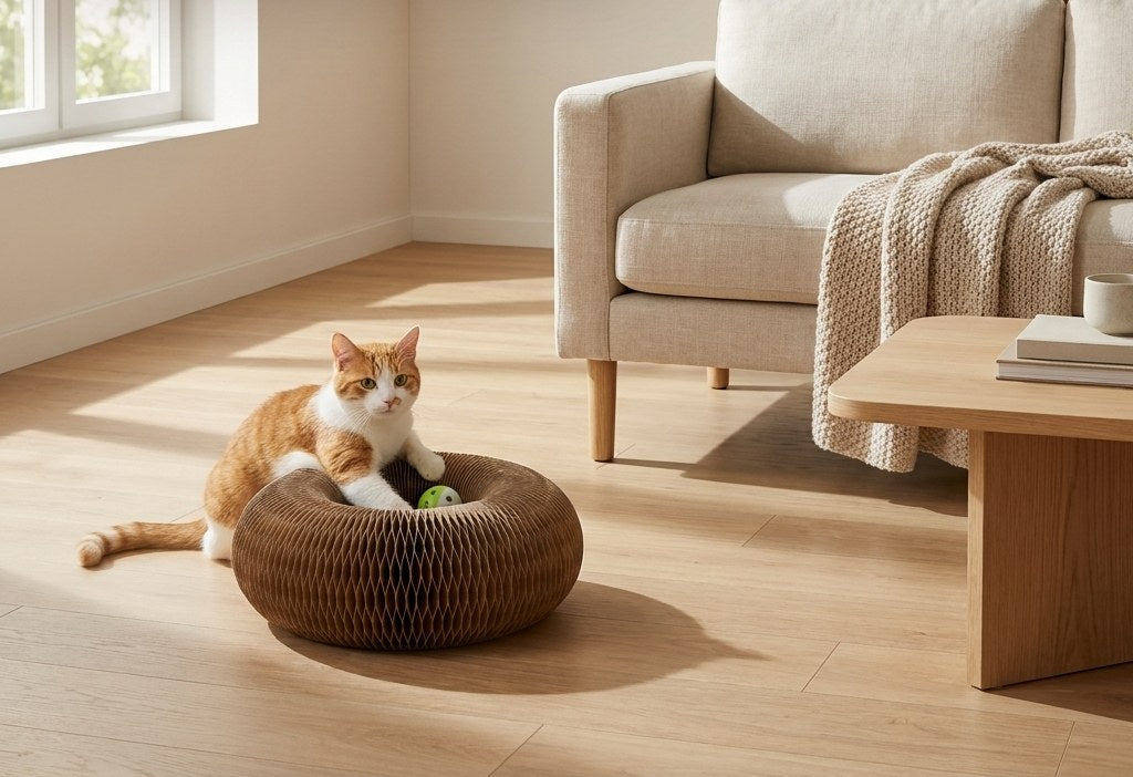 Chat roux et blanc installé sur le griffoir donut MiaouLab dans un salon lumineux