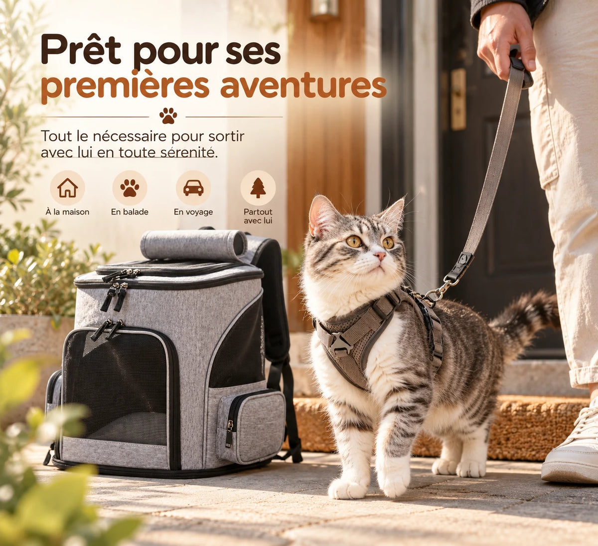 Chat en harnais tenu en laisse devant une porte d'entrée, le sac à dos posé à côté
