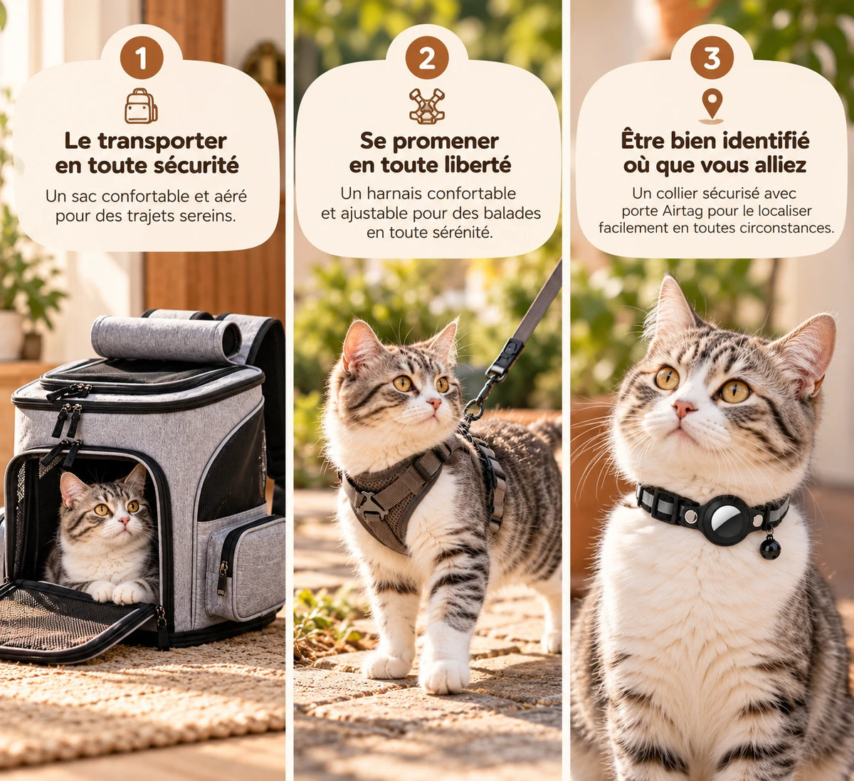 Les trois usages : le chat installé dans le sac à dos, en promenade au harnais, et portant le collier à support AirTag