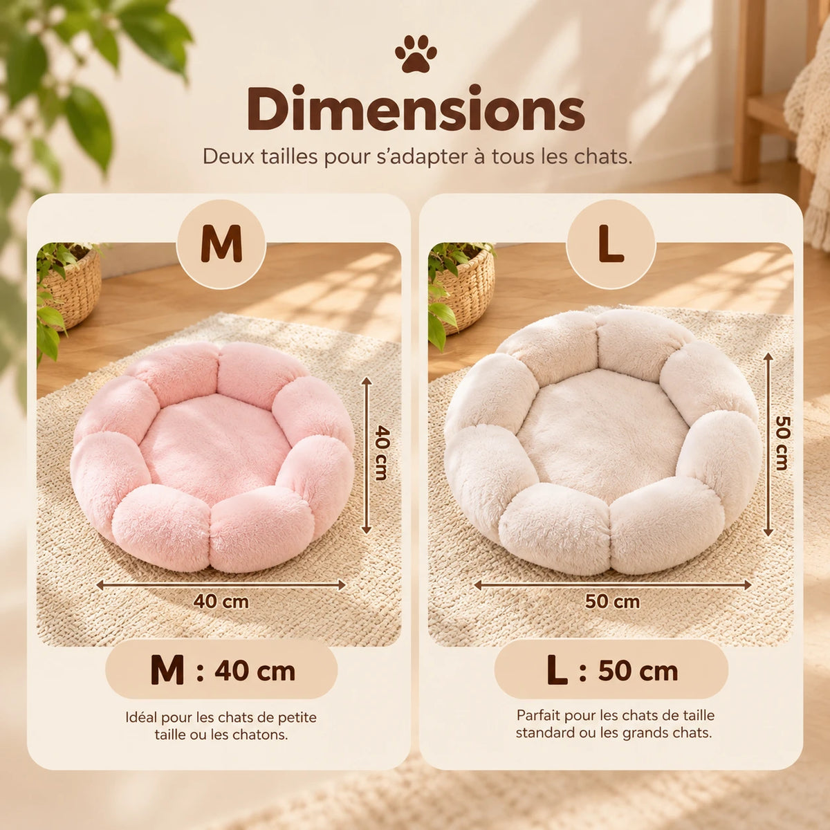 Les deux tailles côte à côte : M de 40 cm en rose et L de 50 cm en crème, avec leurs cotes