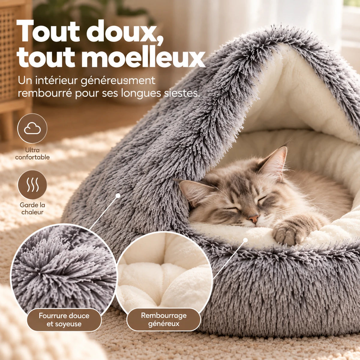 Gros plans sur la peluche longue extérieure et sur le rembourrage écru de l'intérieur