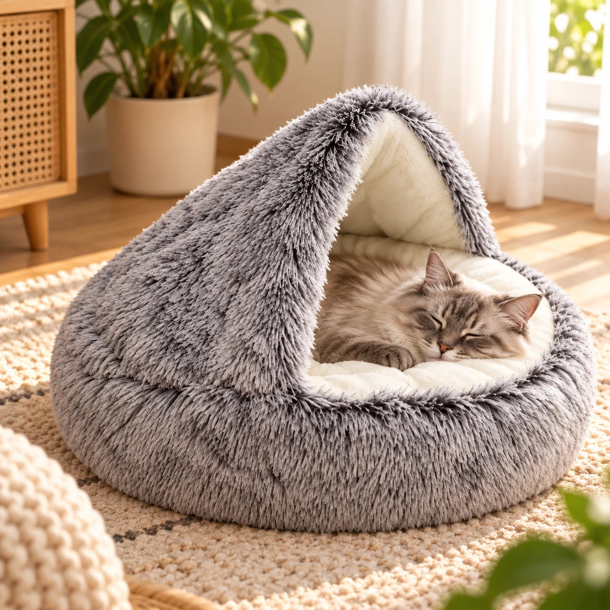 Chat à poil long endormi sous la capuche du panier gris, posé sur un tapis de salon