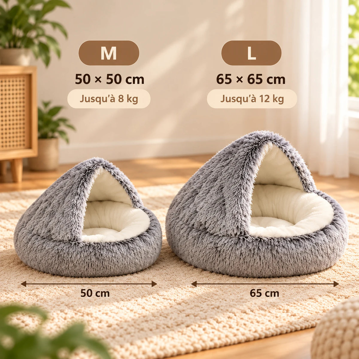 Les deux tailles côte à côte : M de 50 cm jusqu'à 8 kg et L de 65 cm jusqu'à 12 kg