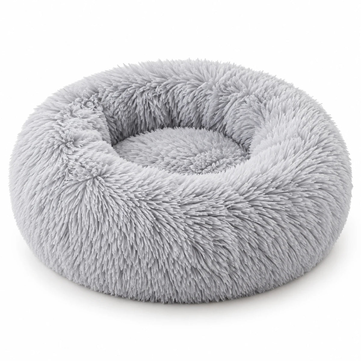 Panier rond en peluche gris clair pour chat, rebord garni sur tout le tour et centre plat
