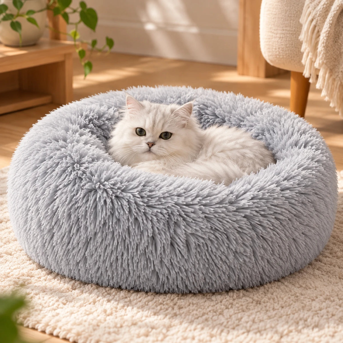Chat blanc à poil long installé dans le panier rond gris, posé sur un tapis de salon