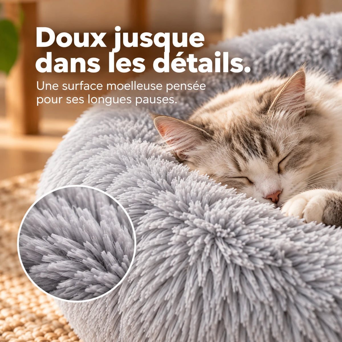 Gros plan sur les fibres de la peluche, avec un chat endormi dessus