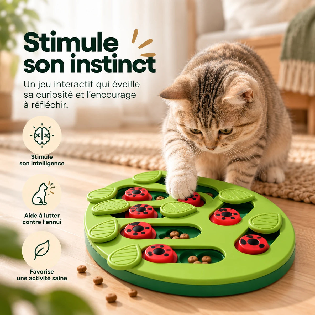 Infographie : un chat qui cherche ses croquettes dans le plateau, stimulation et lutte contre l’ennui