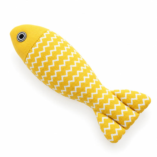 Jouet poisson à l'herbe à chat en lin jaune à chevrons blancs, 21 cm
