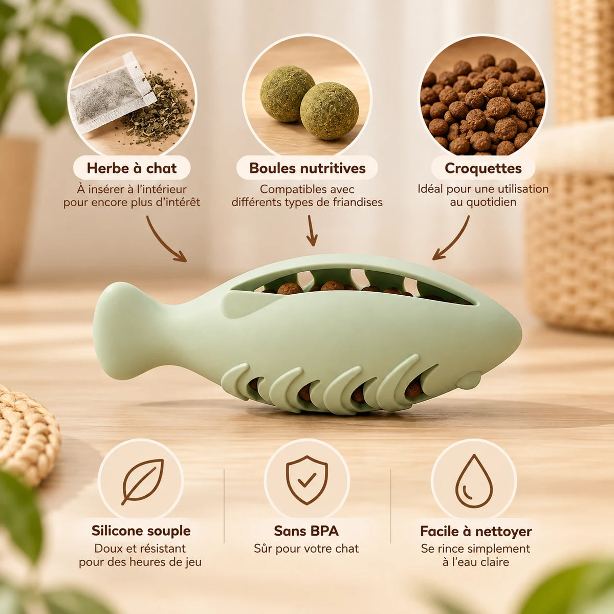 Infographie : ce qu’on peut mettre dans le jouet, croquettes, friandises ou herbe à chat