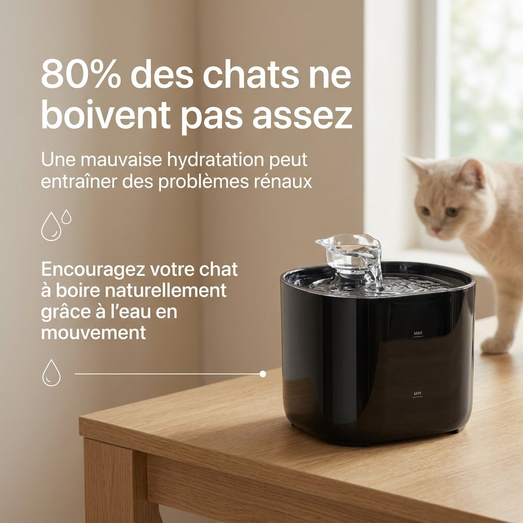 Chat roux observant la fontaine à eau MiaouLab posée sur une table près d’une fenêtre