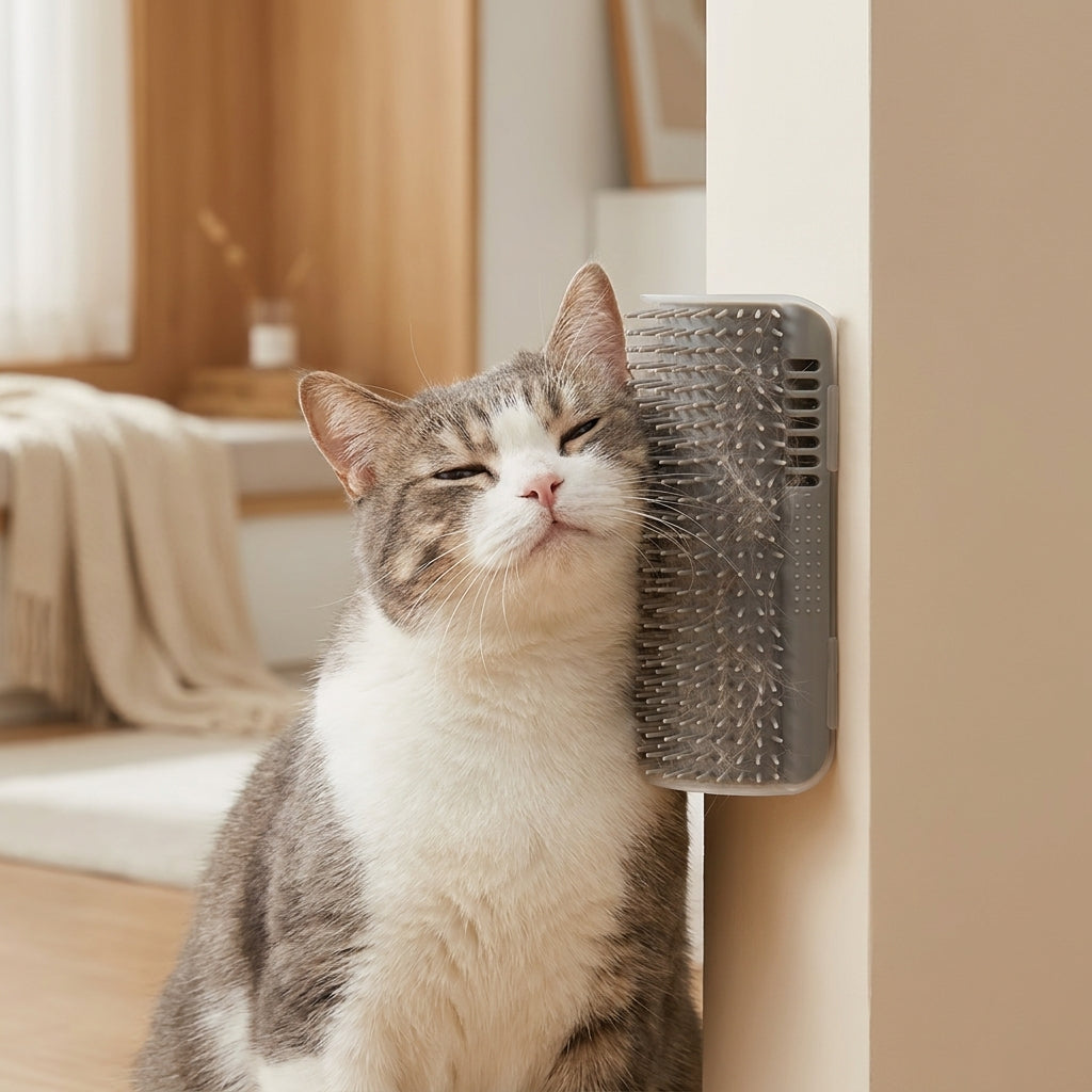Chat gris et blanc se frottant la joue contre la brosse murale MiaouLab fixée à un angle de mur, du poil mort retenu entre les picots