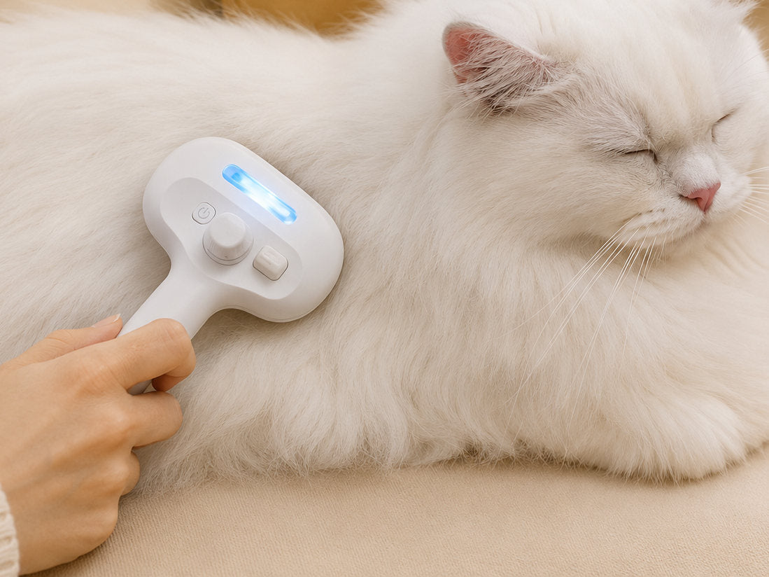 Brosse vapeur MiaouLab passée sur le pelage d'un chat blanc à poil long