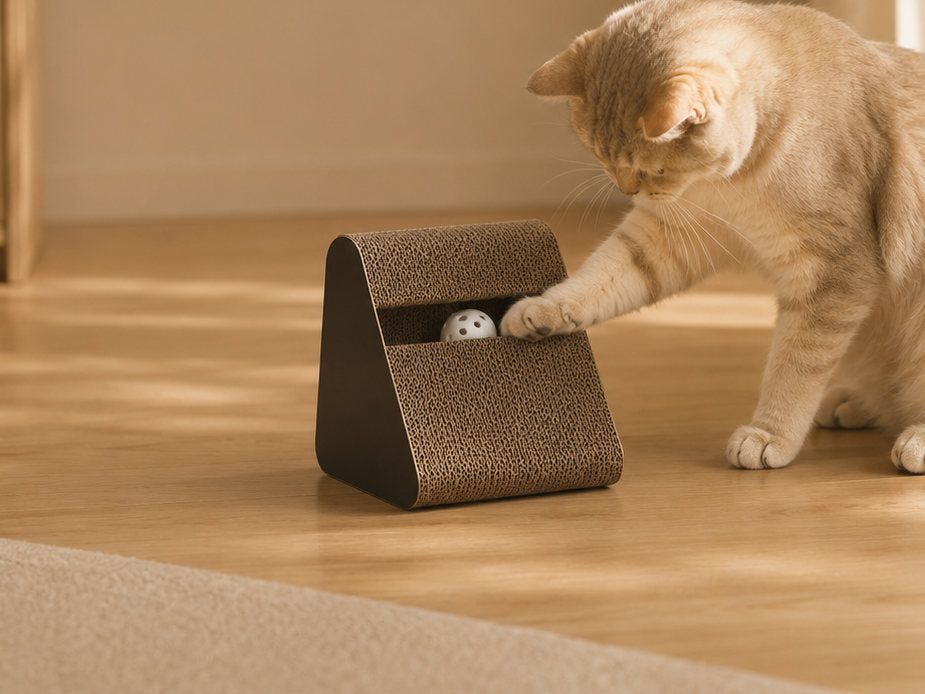Chat roux attrapant la balle du griffoir triangle MiaouLab en carton