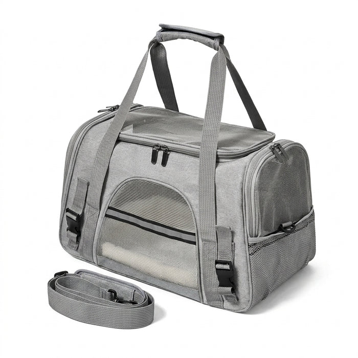 Sac de transport pour chat MiaouLab gris, panneaux en mesh sur les quatre côtés