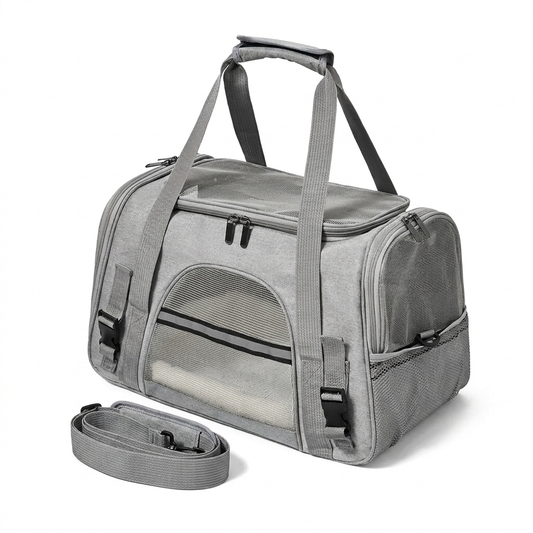 Sac de transport pour chat MiaouLab gris, panneaux en mesh sur les quatre côtés