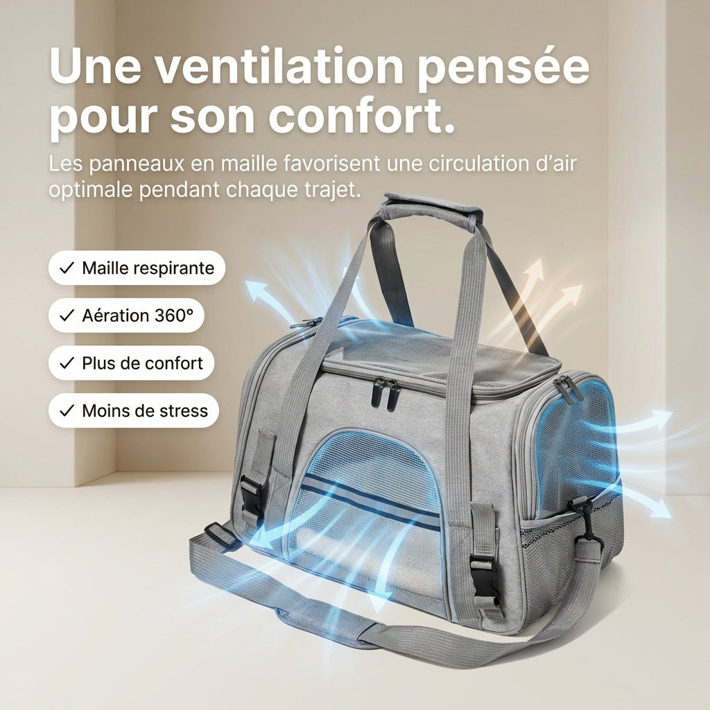 Sac de transport vu de profil, flèches illustrant la circulation de l'air à travers le mesh