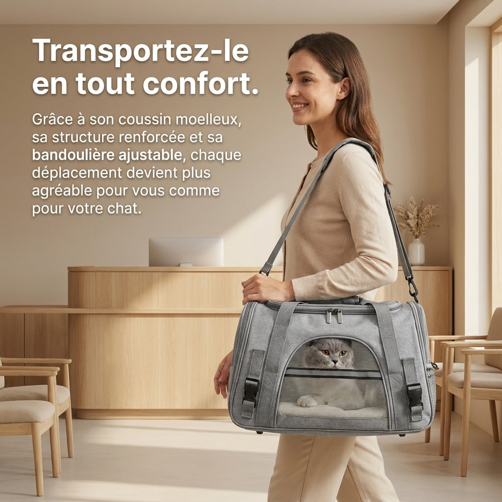 Sac de transport porté à l'épaule, le chat visible derrière le mesh