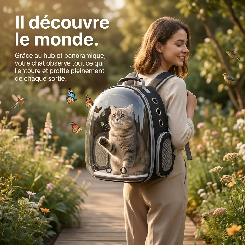 Sac à dos bulle porté en extérieur, un chat visible derrière le hublot