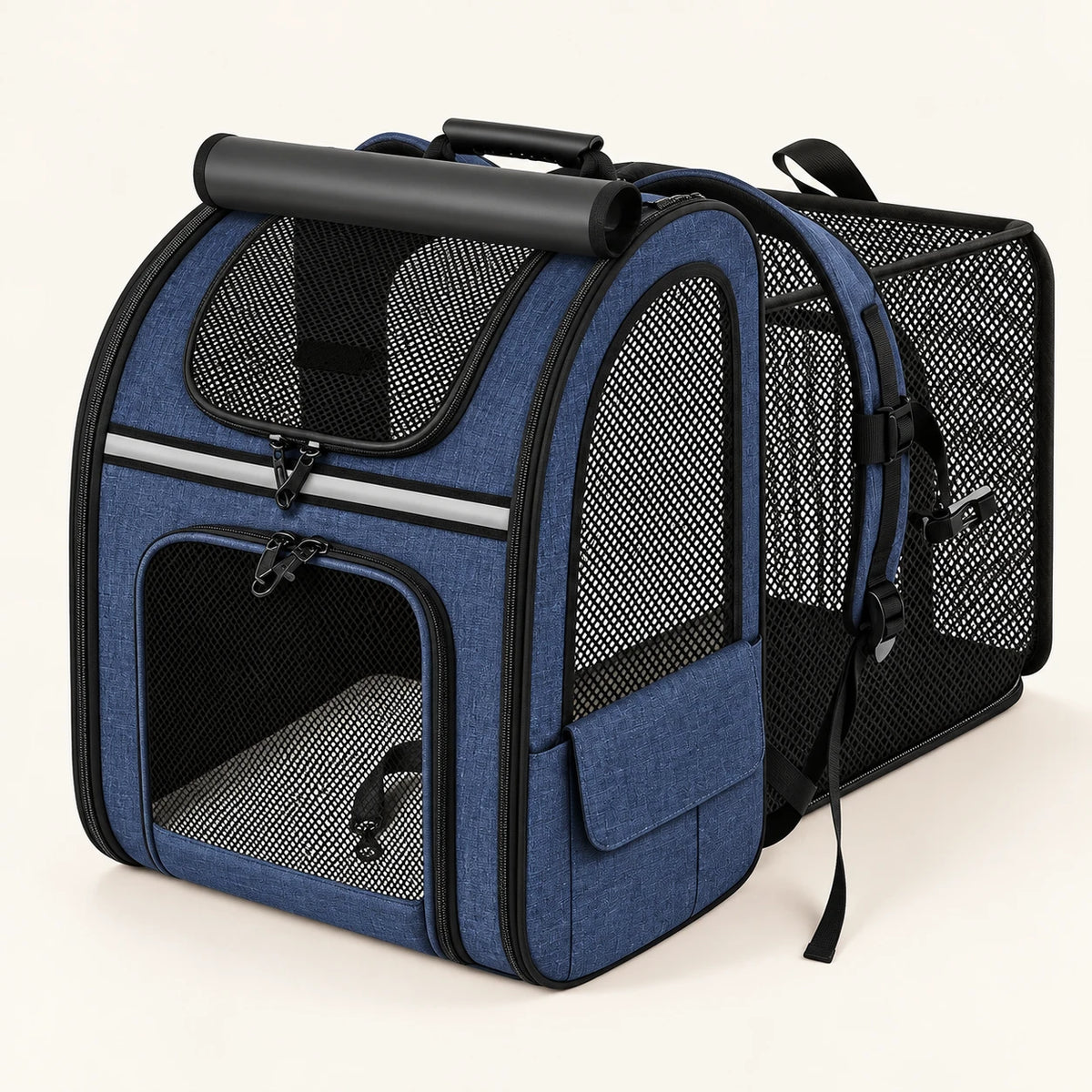 Sac à dos de transport pour chat bleu marine, extension latérale dépliée