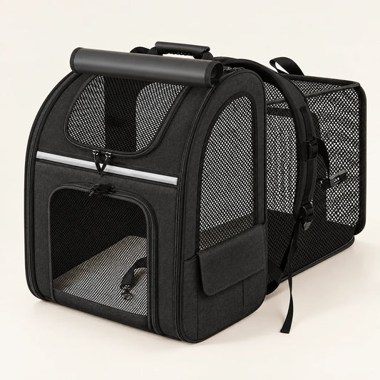 Sac à dos de transport pour chat noir, extension latérale en maille dépliée